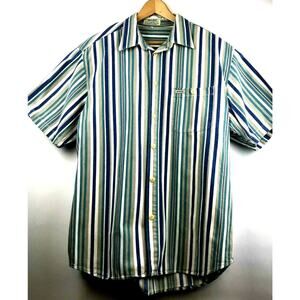 Vintage 90s GUESS JEANS Mens Large Striped Canvas Button Front Shirt Blue Tan